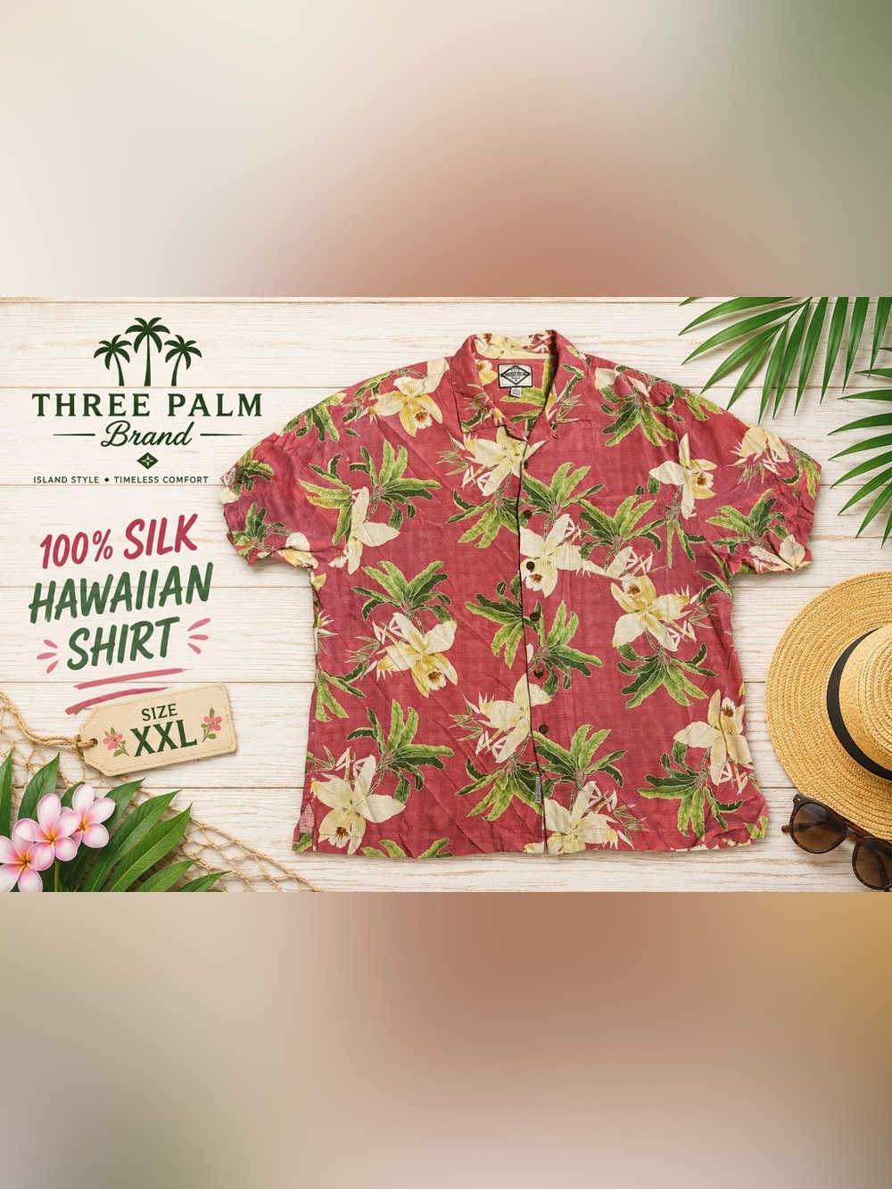 Three Palm 100% Silk Hawaiian Aloha Shirt XXL Red Tropical Floral Camp Button Up